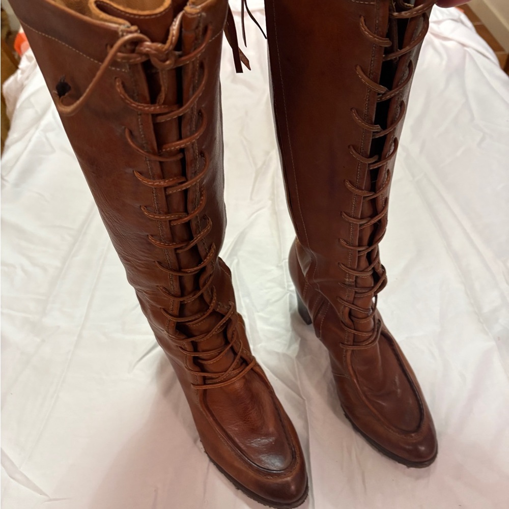FRYE Parker Moccasin Lace Up Tall Knee High Zip Brown Leather Boots - Picture 2 of 6